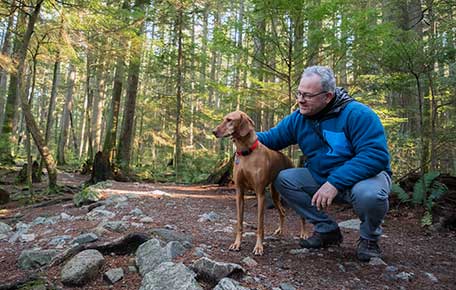An older man hikes with his dog after a knee replacement at UVA Health.