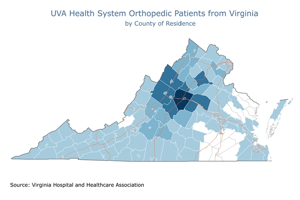 Map of Virginia highlighting the counties in which UVA's orthopedic patient population lives. The map shows that UVA’s orthopedic patient population comes from all over Virginia. The a majority of patients come from the Albemarle County, the county in which UVA Medical Center is located, as well as surrounding counties, such as Greene, Augusta, Fluvanna, Buckingham and Nelson. 