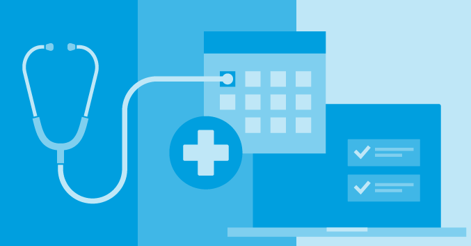 Icon for open scheduling includes a calendar, stethoscope, and computer screen